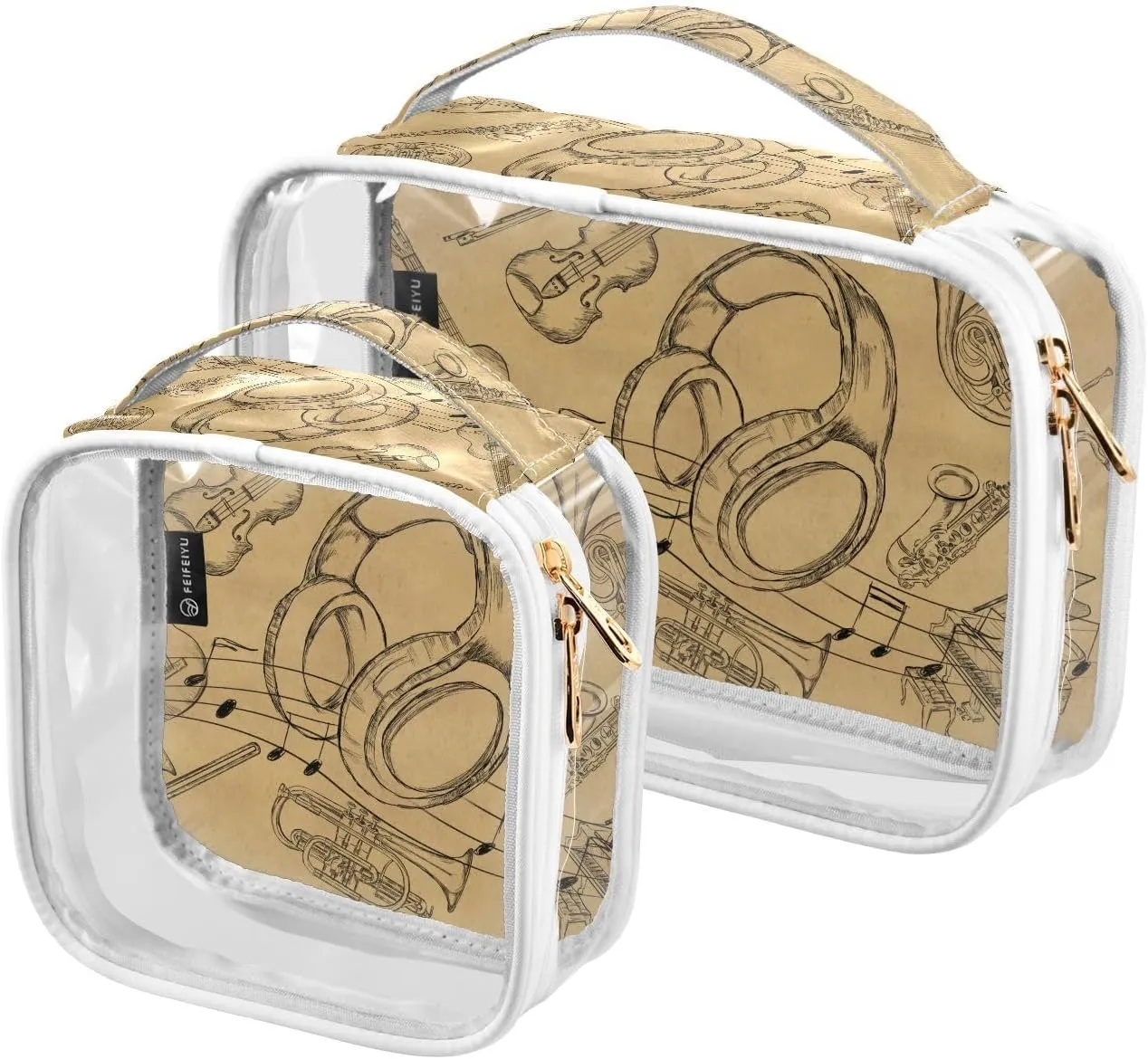 Headphone-brown-paper 2 Pack Clear Toiletry Bag Women Men, Portable Waterproof Clear Pouch, Cosmetic Bag with Double Zippers Large Opening Traveling with Handle for Bathroom Traveling Vacation Organiz
