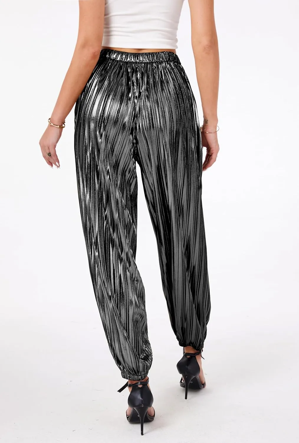 heipeiwa Women's Metallic Pleated Sequin Shiny Joggers Pants Party Club Wear Sweatpant Trouser