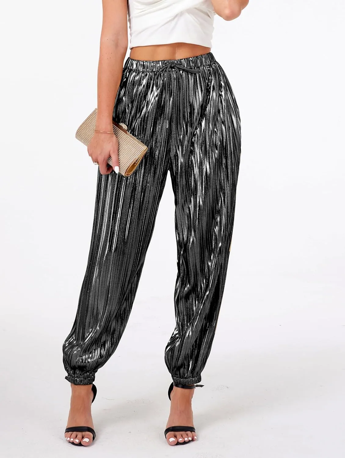 heipeiwa Women's Metallic Pleated Sequin Shiny Joggers Pants Party Club Wear Sweatpant Trouser