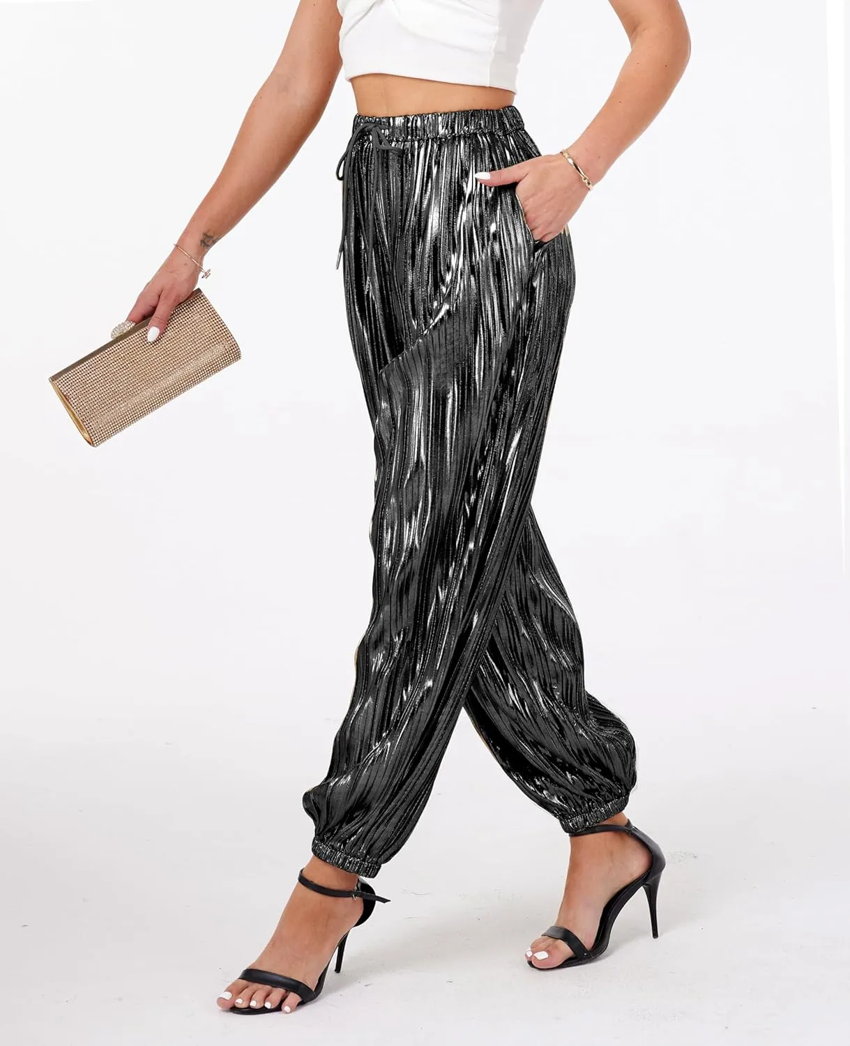 heipeiwa Women's Metallic Pleated Sequin Shiny Joggers Pants Party Club Wear Sweatpant Trouser