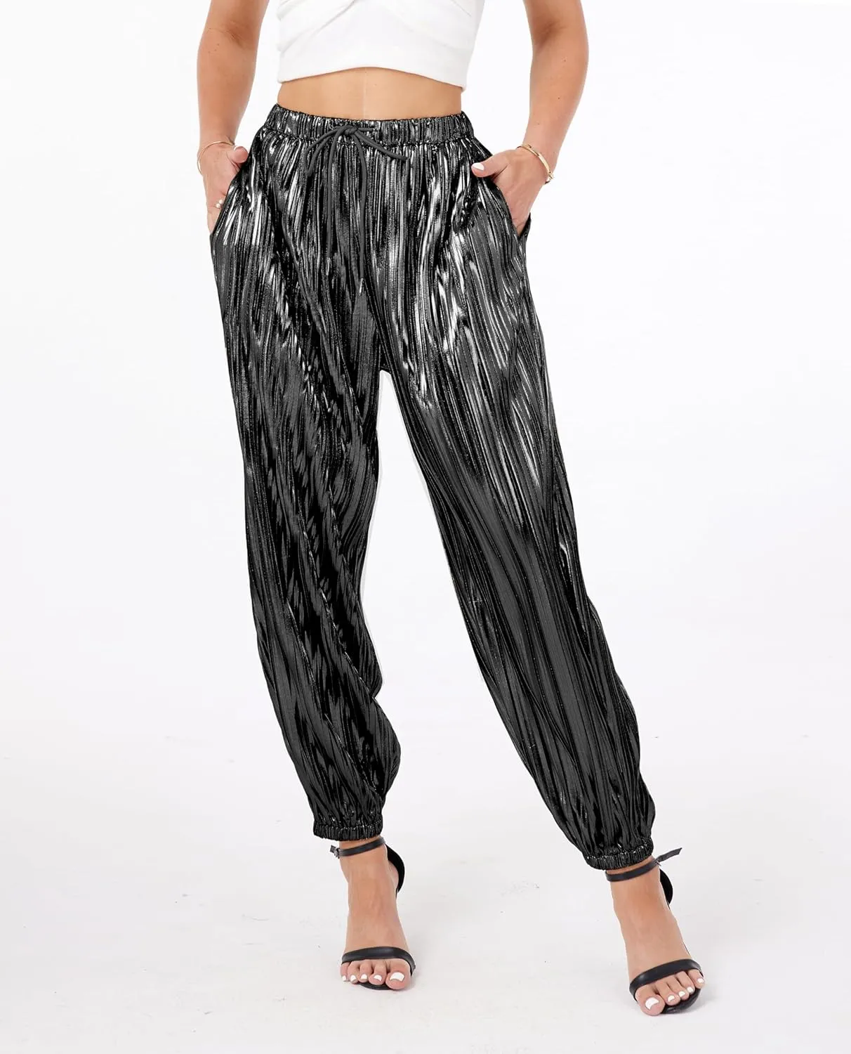 heipeiwa Women's Metallic Pleated Sequin Shiny Joggers Pants Party Club Wear Sweatpant Trouser