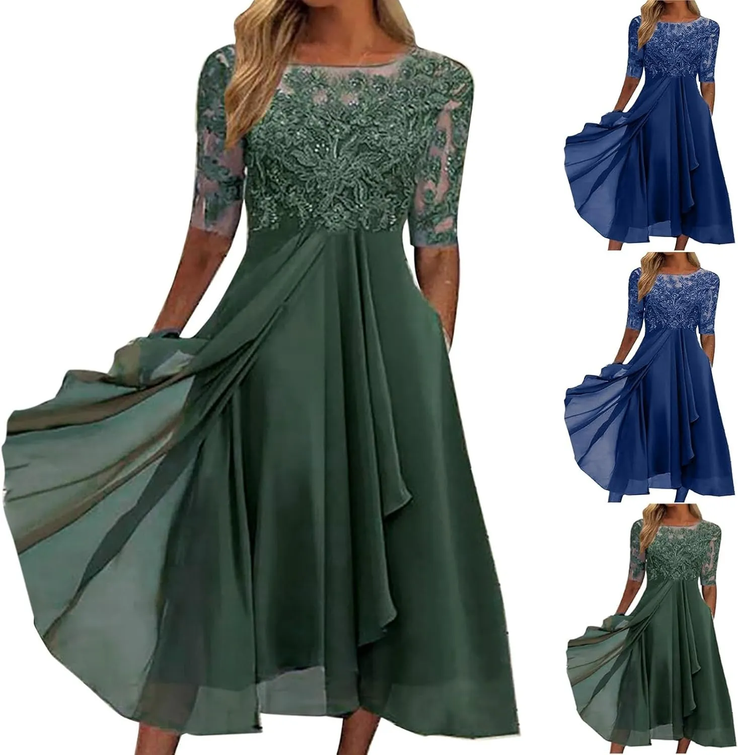 HGps8w Wedding Guests Dresses for Women Half Sleeve Elegant Lace Chiffon Flowy Dress Formal Evening Party Prom Gown