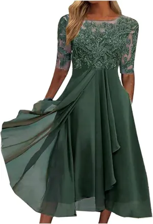 HGps8w Wedding Guests Dresses for Women Half Sleeve Elegant Lace Chiffon Flowy Dress Formal Evening Party Prom Gown