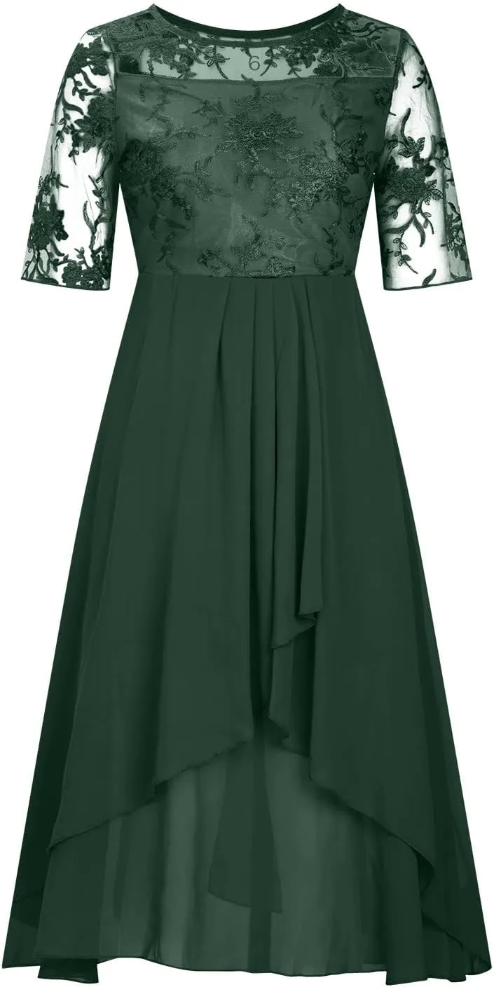 HGps8w Wedding Guests Dresses for Women Half Sleeve Elegant Lace Chiffon Flowy Dress Formal Evening Party Prom Gown