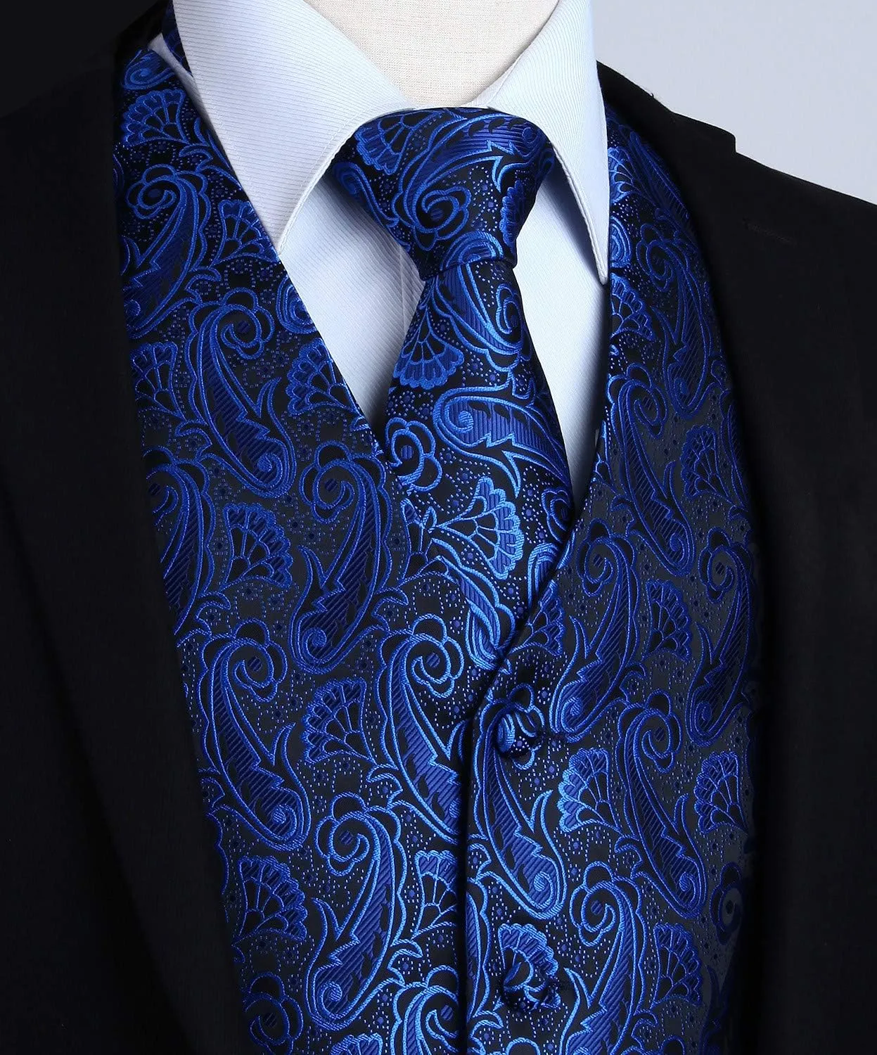 HISDERN 3PC Men's Paisley Floral Jacquard Suit Vest & Necktie and Pocket Square Formal Waistcoat for Tuxedo Wedding Party