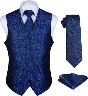 HISDERN 3PC Men's Paisley Floral Jacquard Suit Vest & Necktie and Pocket Square Formal Waistcoat for Tuxedo Wedding Party