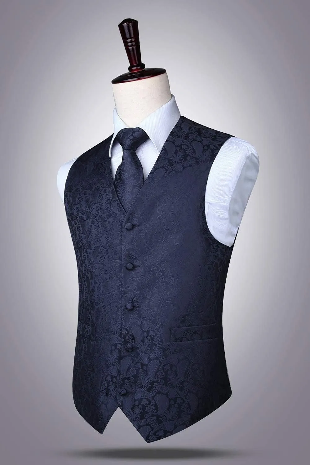 HISDERN 3PC Men's Paisley Floral Jacquard Suit Vest & Necktie and Pocket Square Formal Waistcoat for Tuxedo Wedding Party