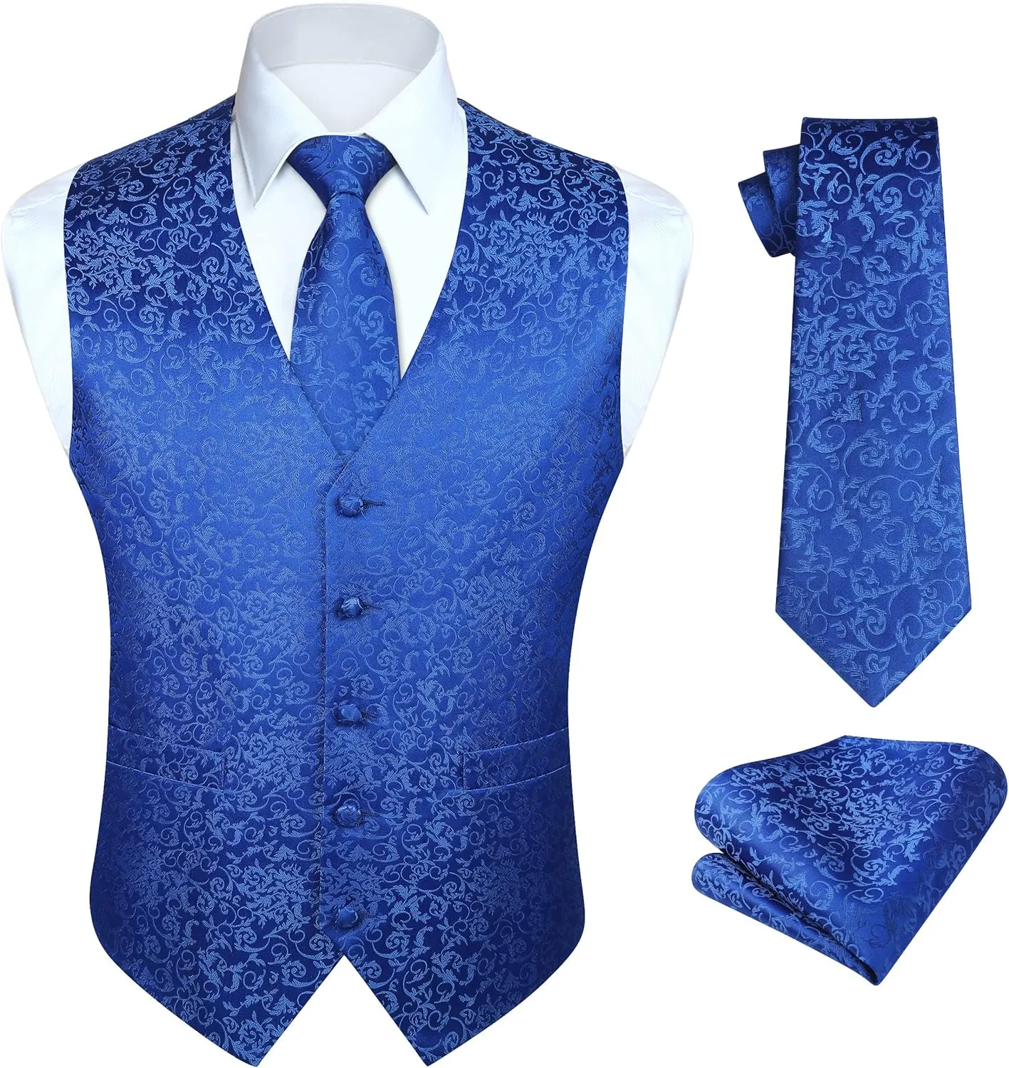 HISDERN 3PC Men's Paisley Floral Jacquard Suit Vest & Necktie and Pocket Square Formal Waistcoat for Tuxedo Wedding Party