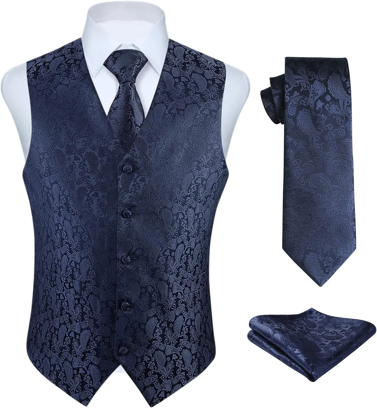 HISDERN 3PC Men's Paisley Floral Jacquard Suit Vest & Necktie and Pocket Square Formal Waistcoat for Tuxedo Wedding Party