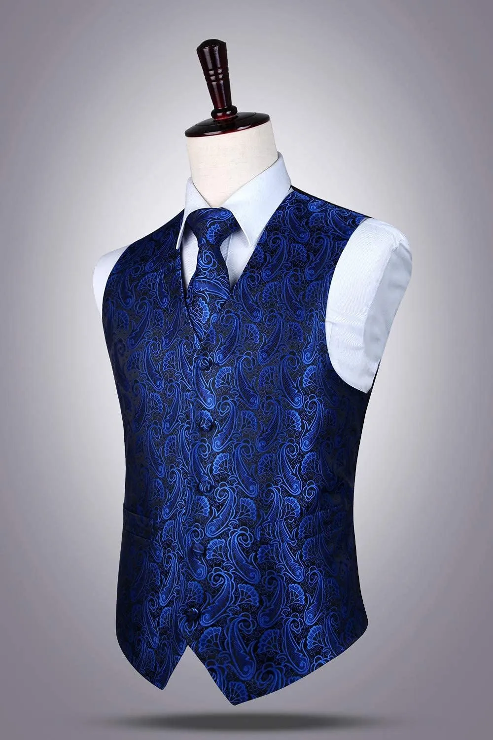 HISDERN 3PC Men's Paisley Floral Jacquard Suit Vest & Necktie and Pocket Square Formal Waistcoat for Tuxedo Wedding Party