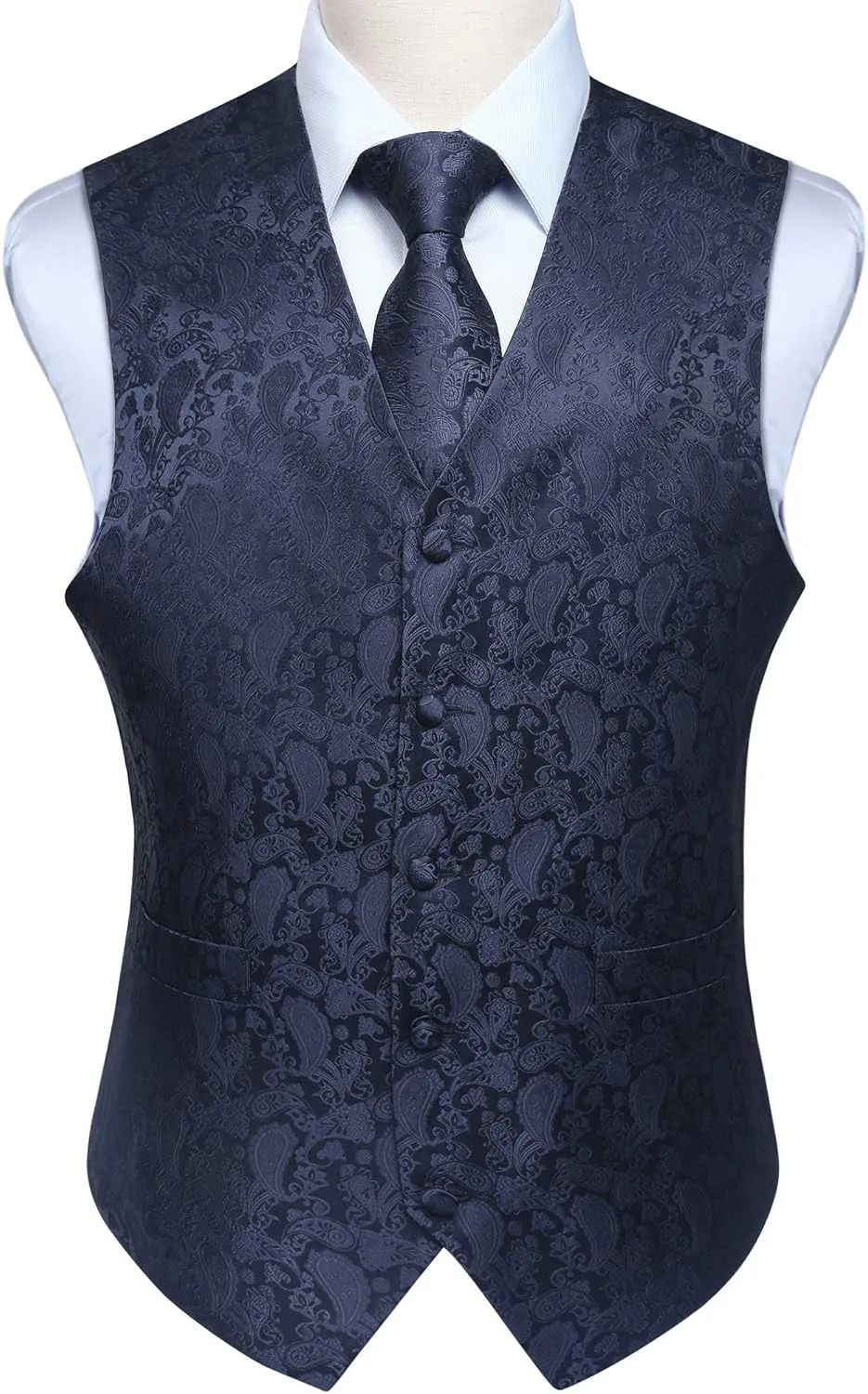 HISDERN 3PC Men's Paisley Floral Jacquard Suit Vest & Necktie and Pocket Square Formal Waistcoat for Tuxedo Wedding Party