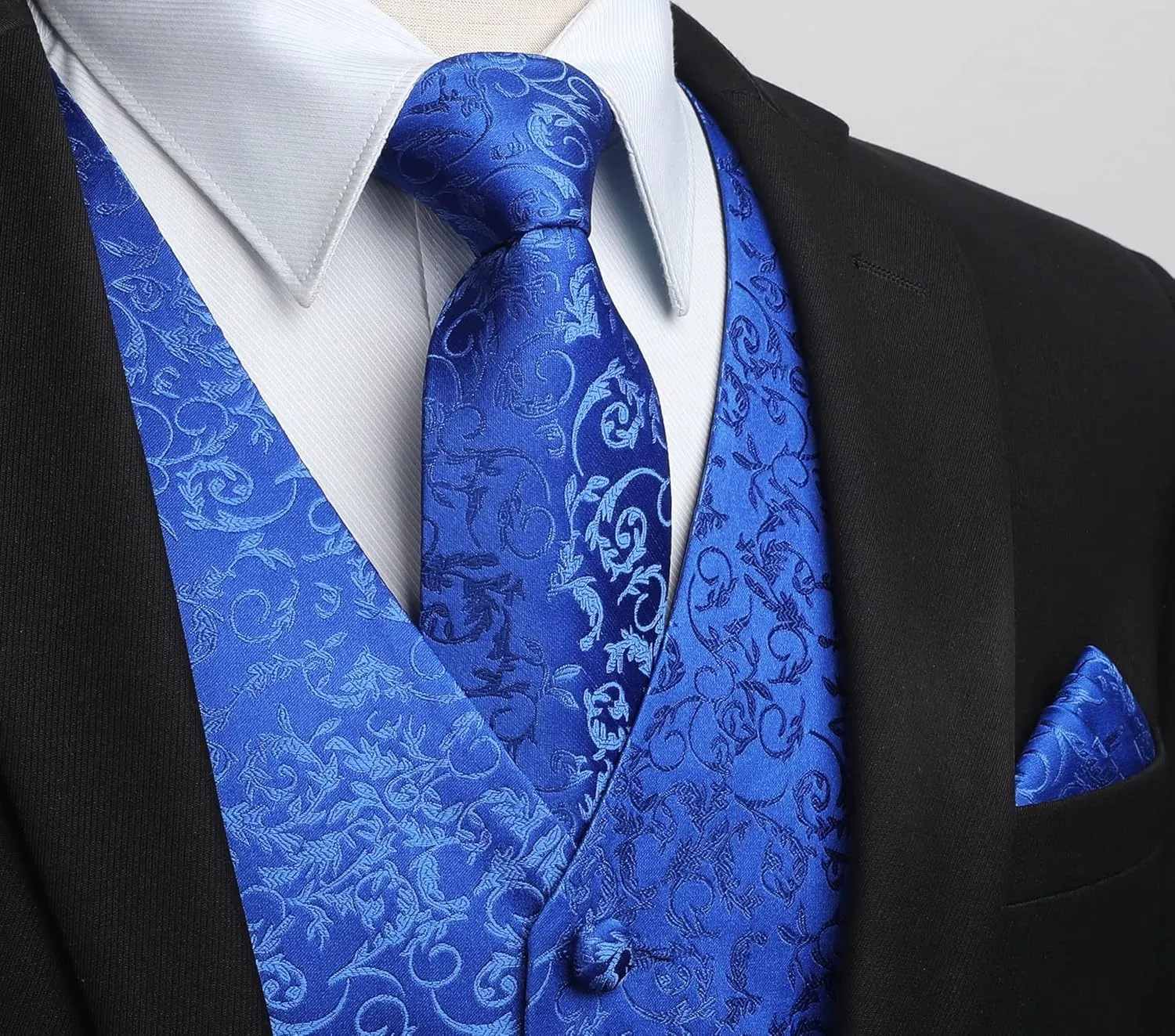 HISDERN 3PC Men's Paisley Floral Jacquard Suit Vest & Necktie and Pocket Square Formal Waistcoat for Tuxedo Wedding Party