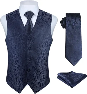 HISDERN 3PC Men's Paisley Floral Jacquard Suit Vest & Necktie and Pocket Square Formal Waistcoat for Tuxedo Wedding Party