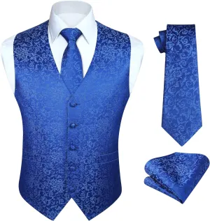 HISDERN 3PC Men's Paisley Floral Jacquard Suit Vest & Necktie and Pocket Square Formal Waistcoat for Tuxedo Wedding Party