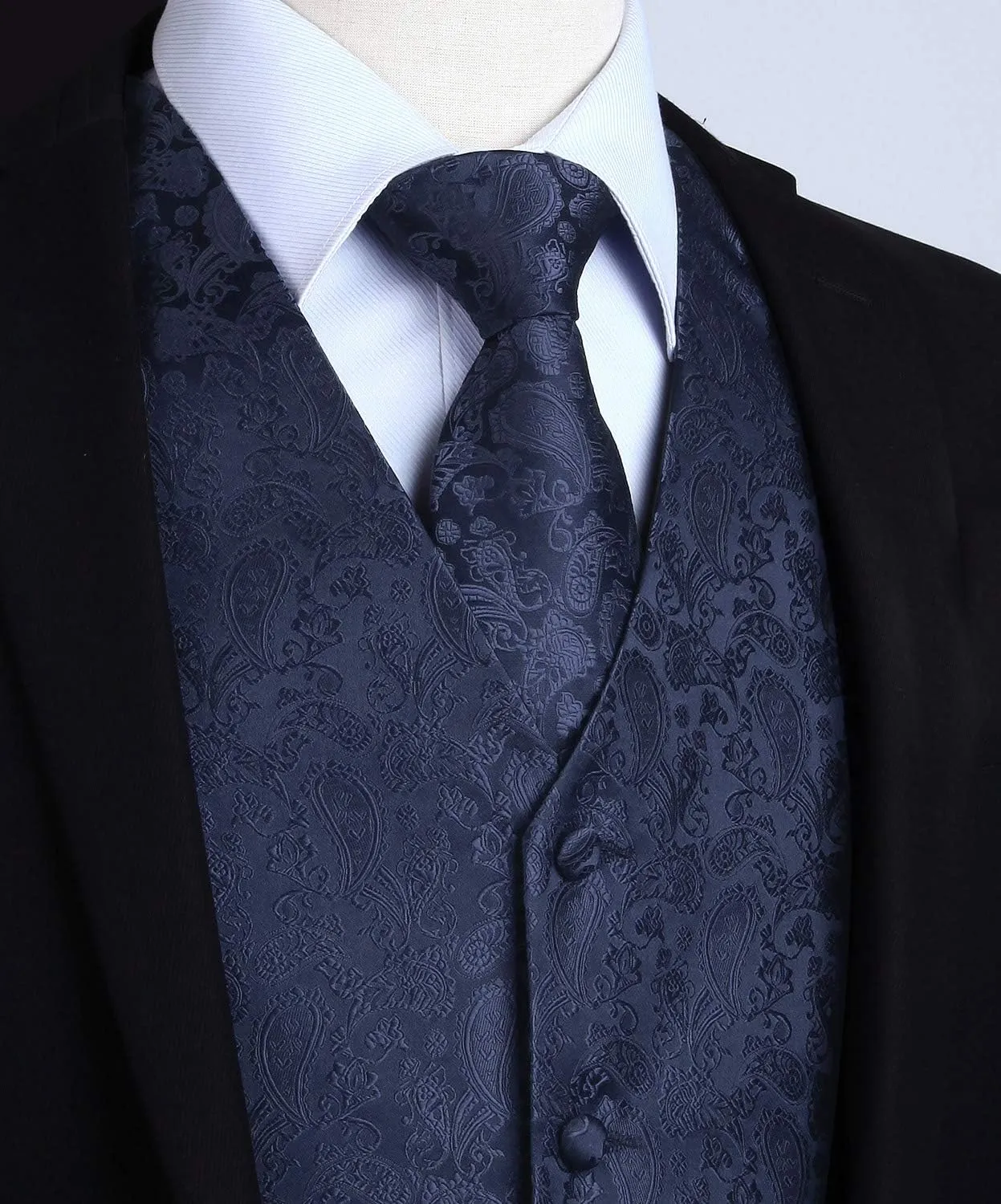 HISDERN 3PC Men's Paisley Floral Jacquard Suit Vest & Necktie and Pocket Square Formal Waistcoat for Tuxedo Wedding Party