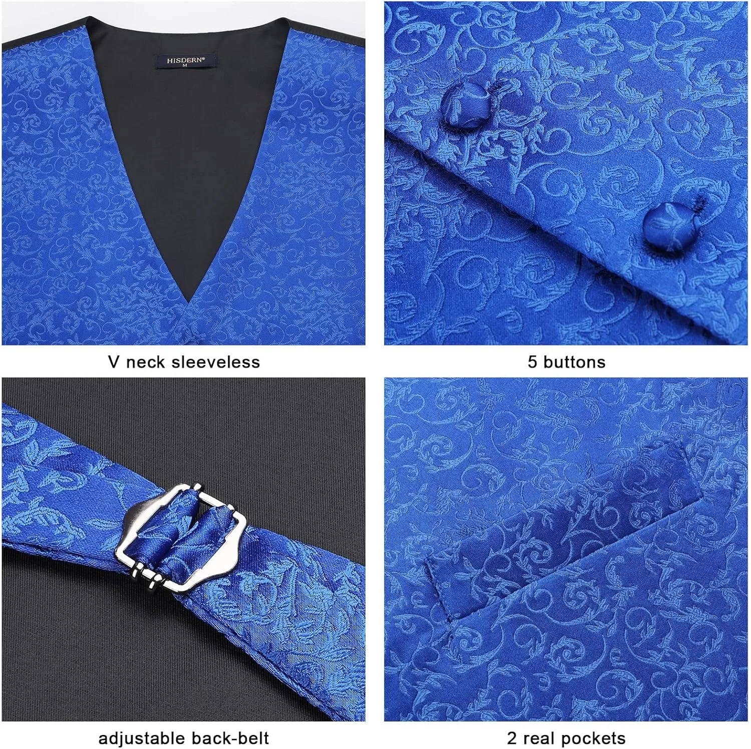 HISDERN 3PC Men's Paisley Floral Jacquard Suit Vest & Necktie and Pocket Square Formal Waistcoat for Tuxedo Wedding Party