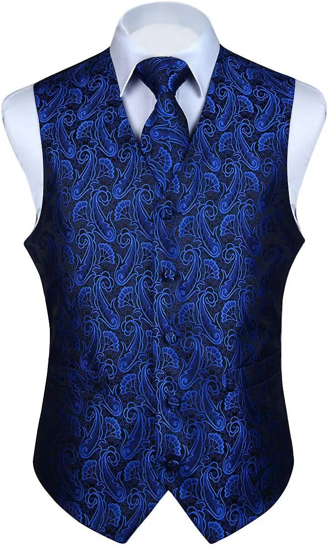 HISDERN 3PC Men's Paisley Floral Jacquard Suit Vest & Necktie and Pocket Square Formal Waistcoat for Tuxedo Wedding Party