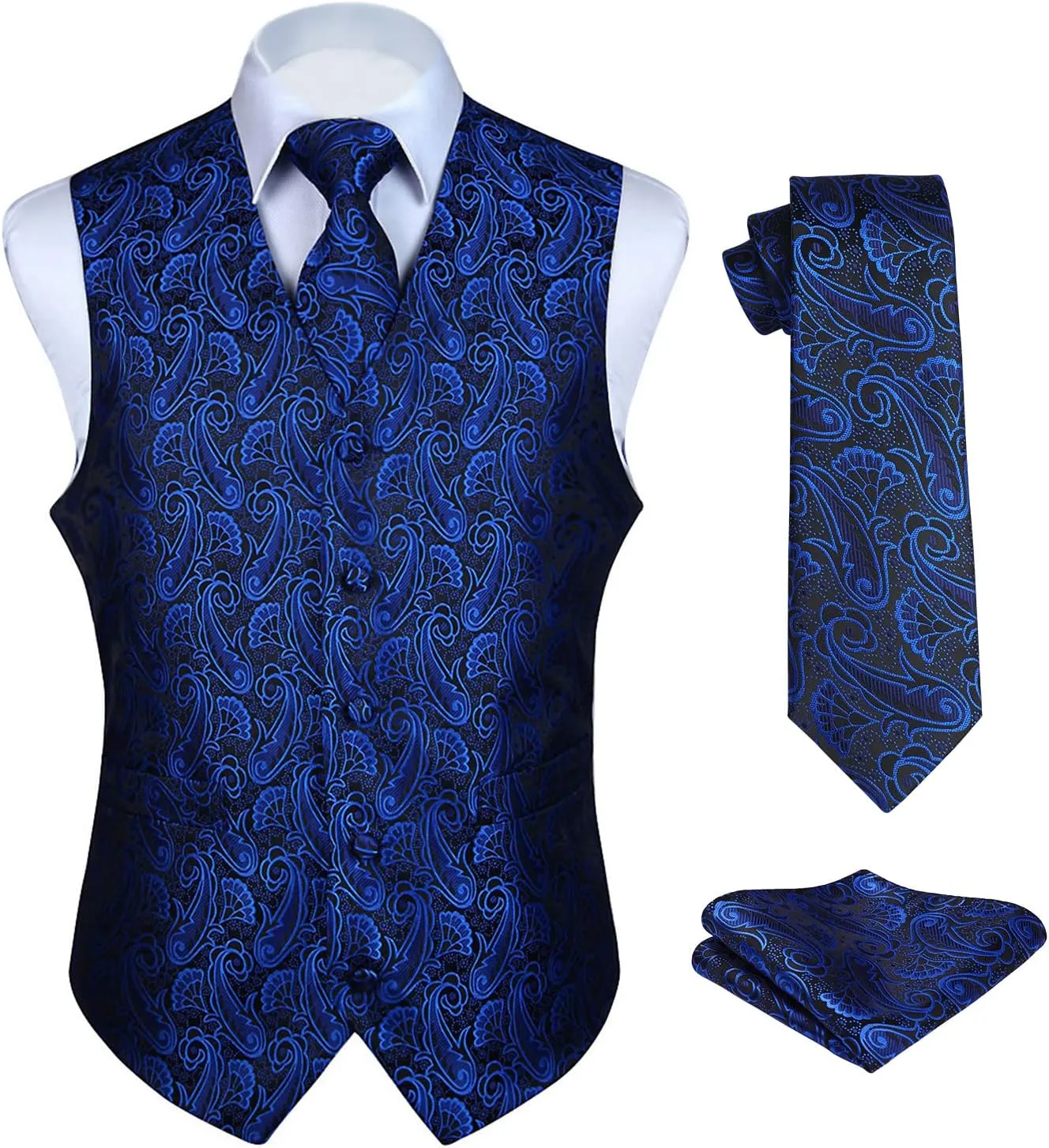 HISDERN 3PC Men's Paisley Floral Jacquard Suit Vest & Necktie and Pocket Square Formal Waistcoat for Tuxedo Wedding Party