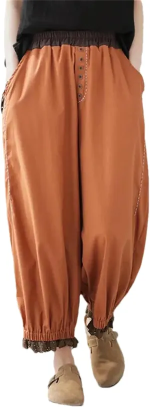 Hndudnff Women High Waist Harem Pants with Pockets Solid Trousers Loose Cotton Ankle-Length Pant