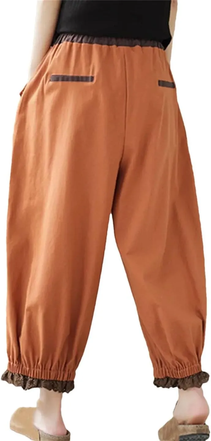 Hndudnff Women High Waist Harem Pants with Pockets Solid Trousers Loose Cotton Ankle-Length Pant