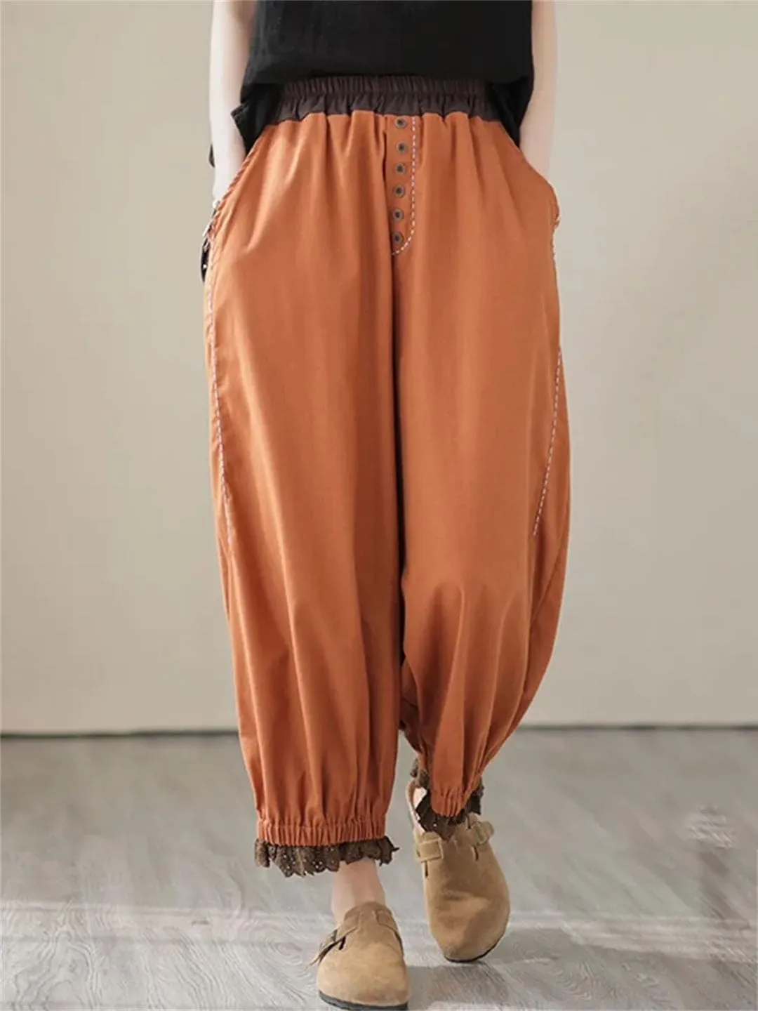 Hndudnff Women High Waist Harem Pants with Pockets Solid Trousers Loose Cotton Ankle-Length Pant