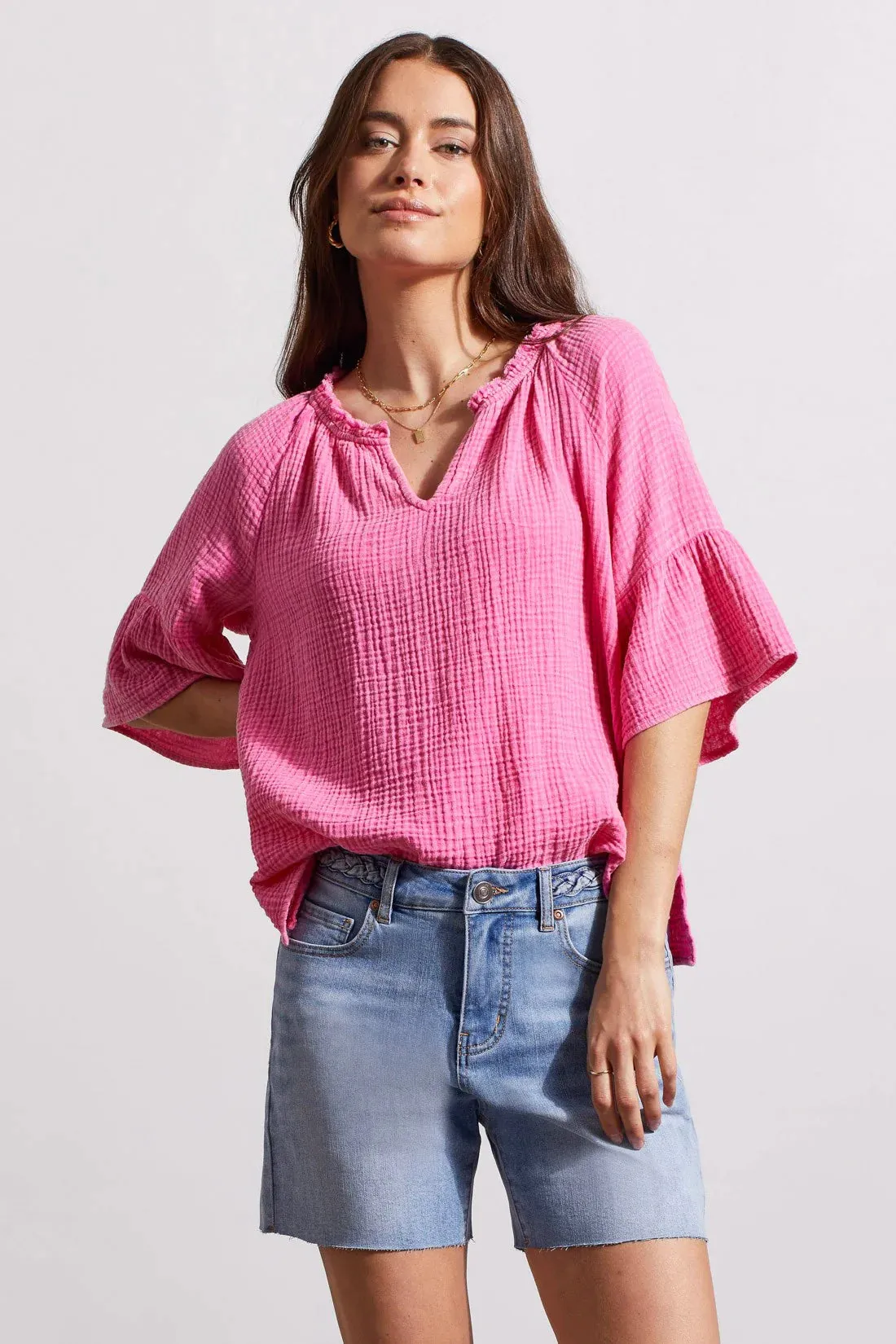 Holly Hi-Pink Cotton Gauze Raglan Sleeve Top - TRIBAL 5349O-4555-3097