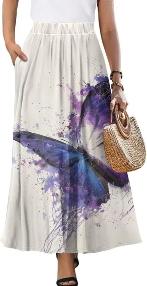 Irisjudy Butterfly Moon Women's Long Maxi Skirts Hawaii Beach Vintage Ankle-Length Pleated Skirts Fire Flame Maxi Long Skirt