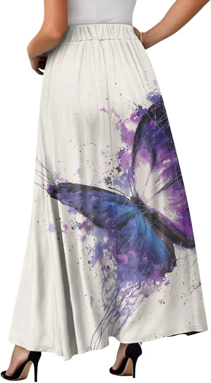 Irisjudy Butterfly Moon Women's Long Maxi Skirts Hawaii Beach Vintage Ankle-Length Pleated Skirts Fire Flame Maxi Long Skirt