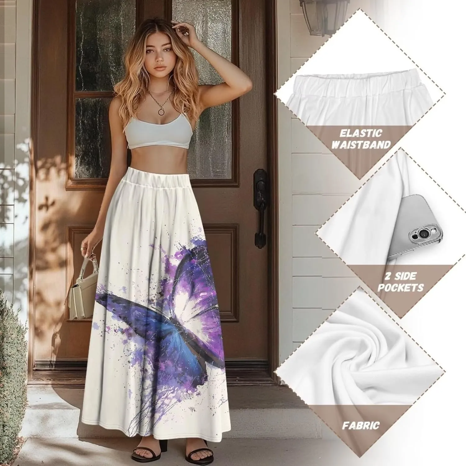 Irisjudy Butterfly Moon Women's Long Maxi Skirts Hawaii Beach Vintage Ankle-Length Pleated Skirts Fire Flame Maxi Long Skirt