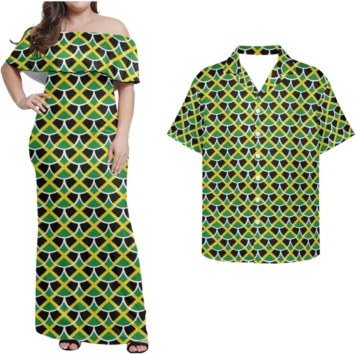 Jamaican Couple Matching Jamaican Clothing Jamaica Flag Dresses & Man Shirt Jamaican Couple Dress for Men and Women