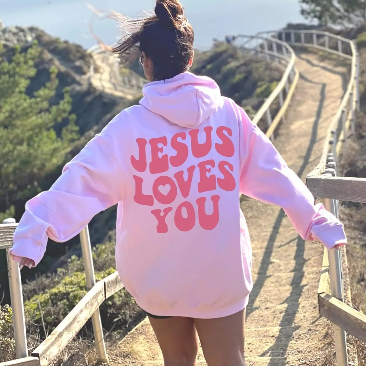 Jesus Loves You Christian Hoodie - Aesthetic, Word On Back, Trendy Oversized Hoodie For Girls 10-12