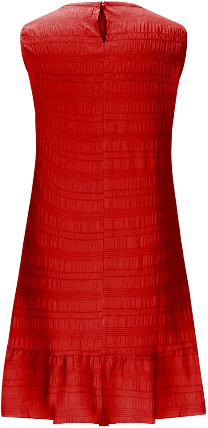JOAU Women's 2025 Summer Mini Tank Dress Casual Crew Neck Sleeveless Pleated A Line Flowy Ruffle Hem Beach Vacation Sundress
