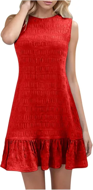 JOAU Women's 2025 Summer Mini Tank Dress Casual Crew Neck Sleeveless Pleated A Line Flowy Ruffle Hem Beach Vacation Sundress