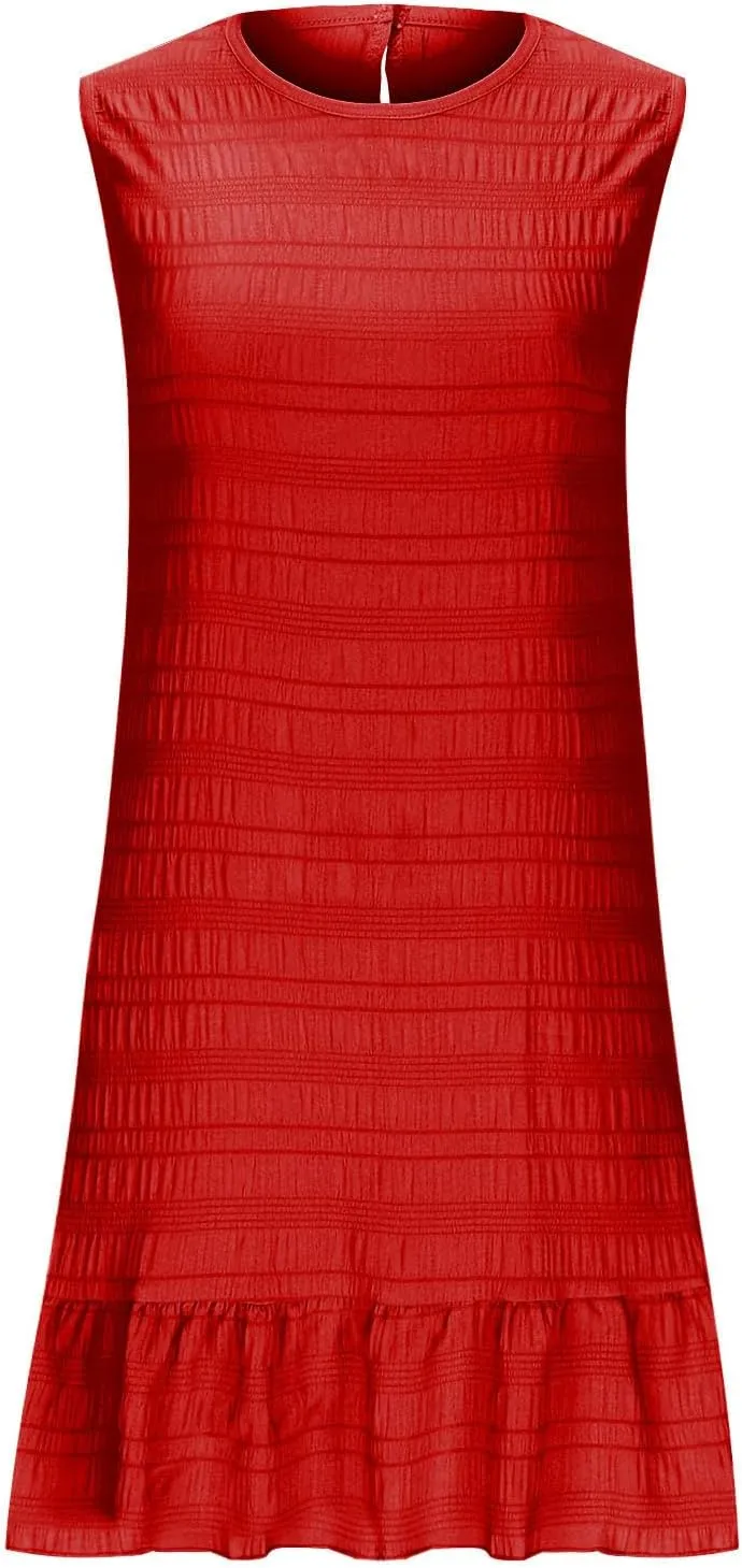 JOAU Women's 2025 Summer Mini Tank Dress Casual Crew Neck Sleeveless Pleated A Line Flowy Ruffle Hem Beach Vacation Sundress