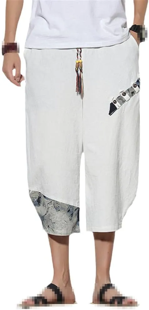 keusyoi Men Harem Pants Summer Casual Pants Mens Cotton Trousers Male Oversized Calf-Length Pants Men Loose Beach Pants