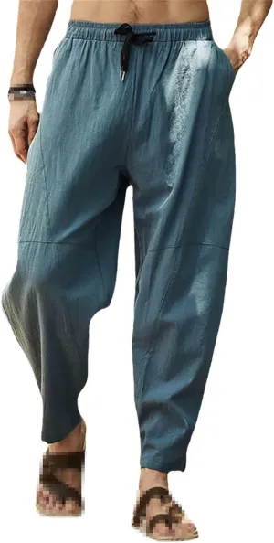 keusyoi Men's Harem Pants Cotton Linen Beach Pants Wide Leg Waist Loose Pants Casual Straight Elastic Waist Drawstring Pants