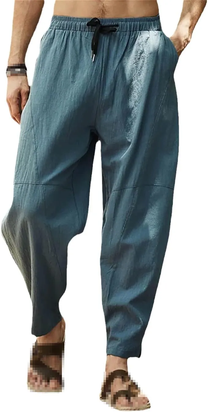 keusyoi Men's Harem Pants Cotton Linen Beach Pants Wide Leg Waist Loose Pants Casual Straight Elastic Waist Drawstring Pants