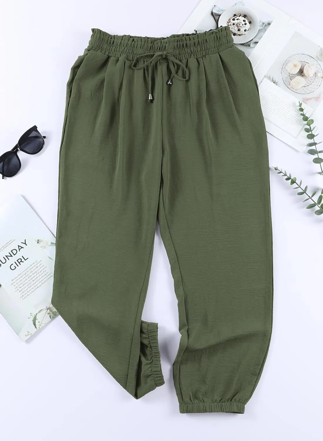 LAFOURAM Women's Casual Loose Drawstring Elastic High Waisted Harem Pants Comfy Trousers with Pockets