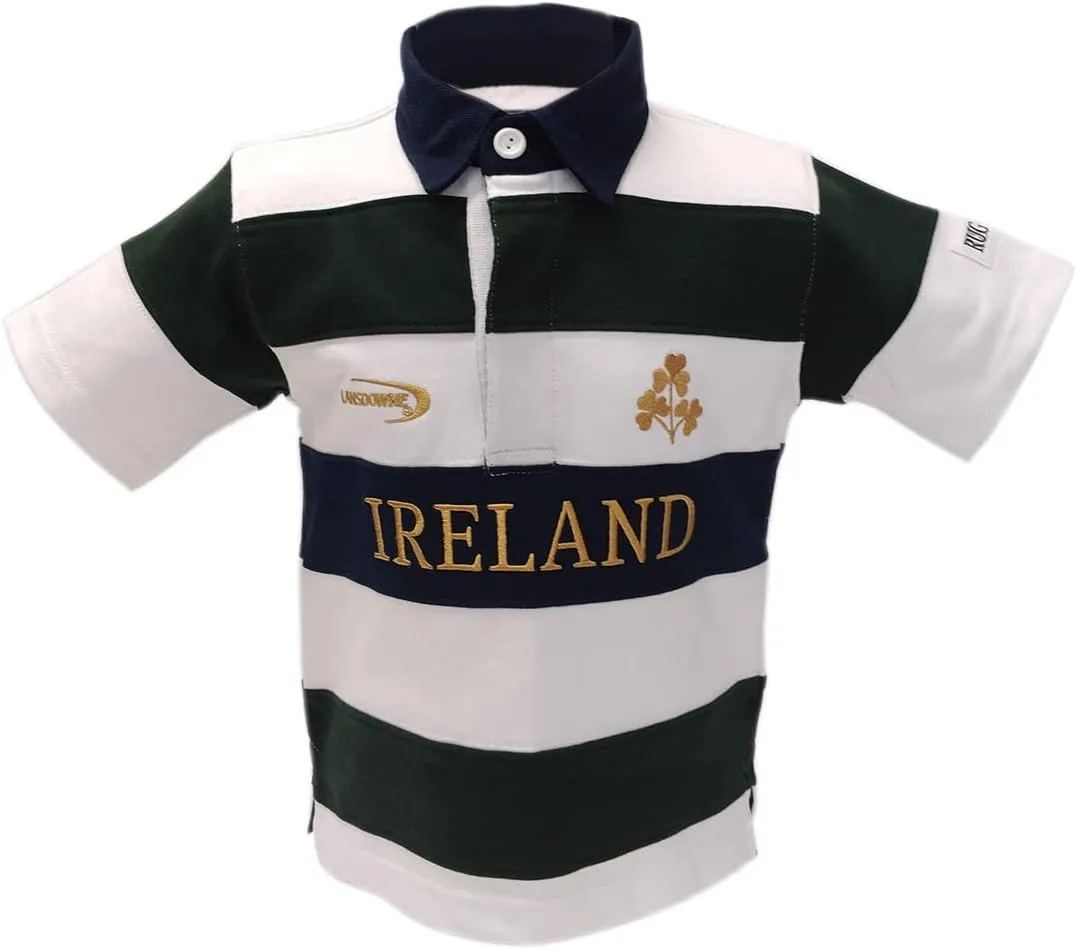 Lansdowne Ireland Kids Rugby Shirt Bottle Green & White Stripe Rugby Short Sleeve 100% Cotton Shirt