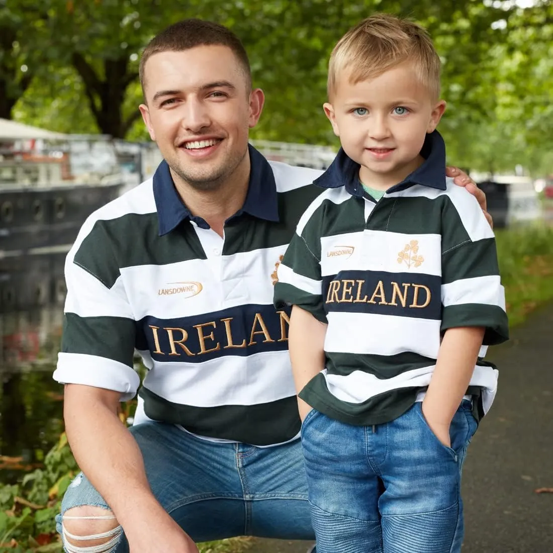 Lansdowne Ireland Kids Rugby Shirt Bottle Green & White Stripe Rugby Short Sleeve 100% Cotton Shirt