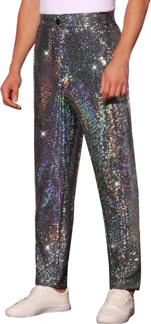 Lars Amadeus Sequins Pants for Men's Party Disco Shiny Sparkly Straight Leg Trousers