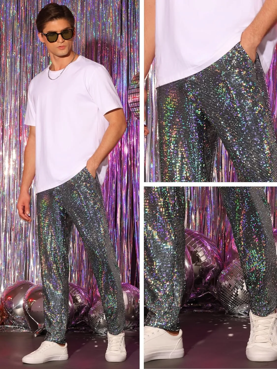 Lars Amadeus Sequins Pants for Men's Party Disco Shiny Sparkly Straight Leg Trousers