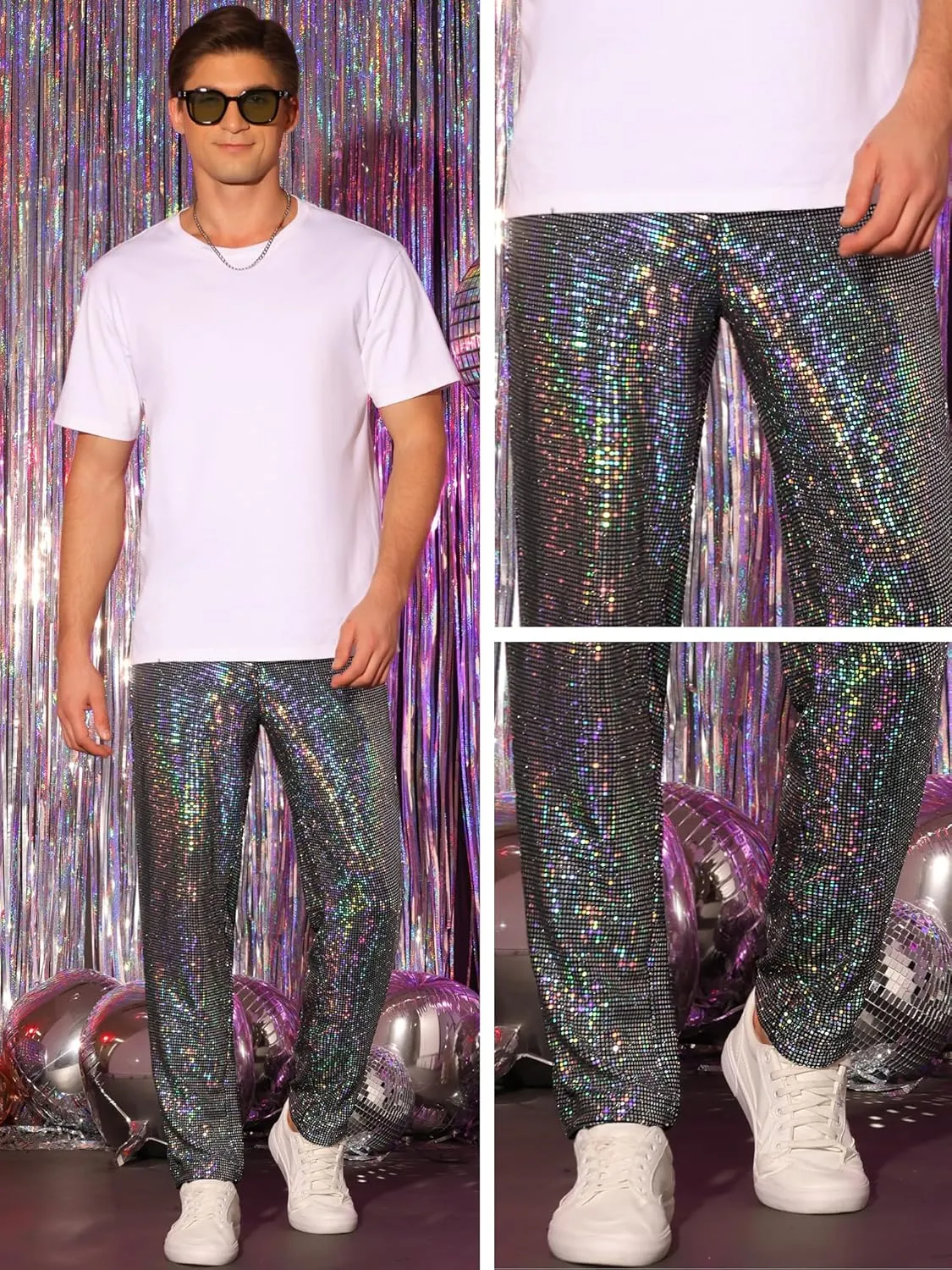 Lars Amadeus Sequins Pants for Men's Party Disco Shiny Sparkly Straight Leg Trousers