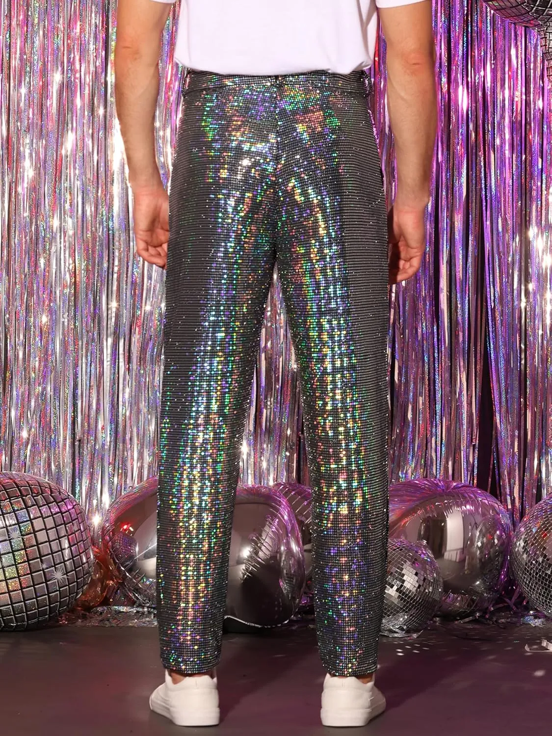 Lars Amadeus Sequins Pants for Men's Party Disco Shiny Sparkly Straight Leg Trousers