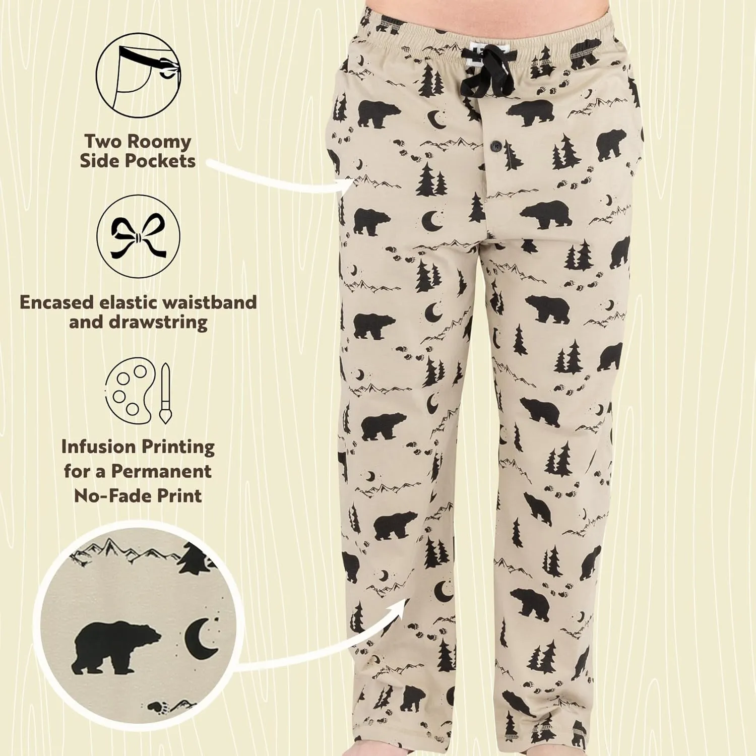 Lazy One Bear & Bigfoot Pajama Pants For Men, Men's Separate Bottoms, Lounge Pants, Funny, Humorous