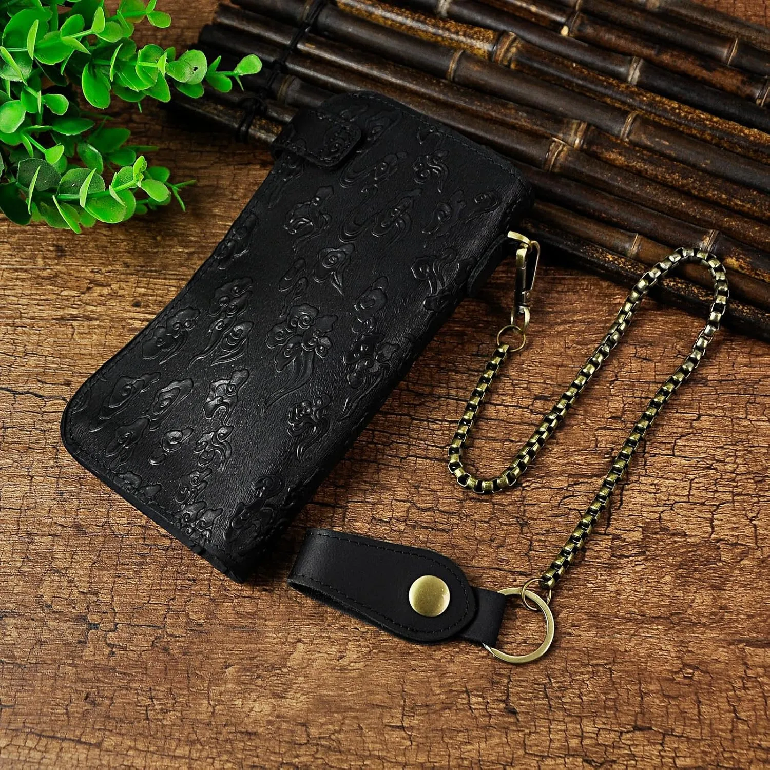 Le'aokuu Mens Genuine Leather Bifold Wallet Organizer Checkbook Iron Chain