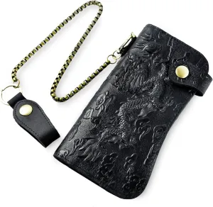 Le'aokuu Mens Genuine Leather Bifold Wallet Organizer Checkbook Iron Chain