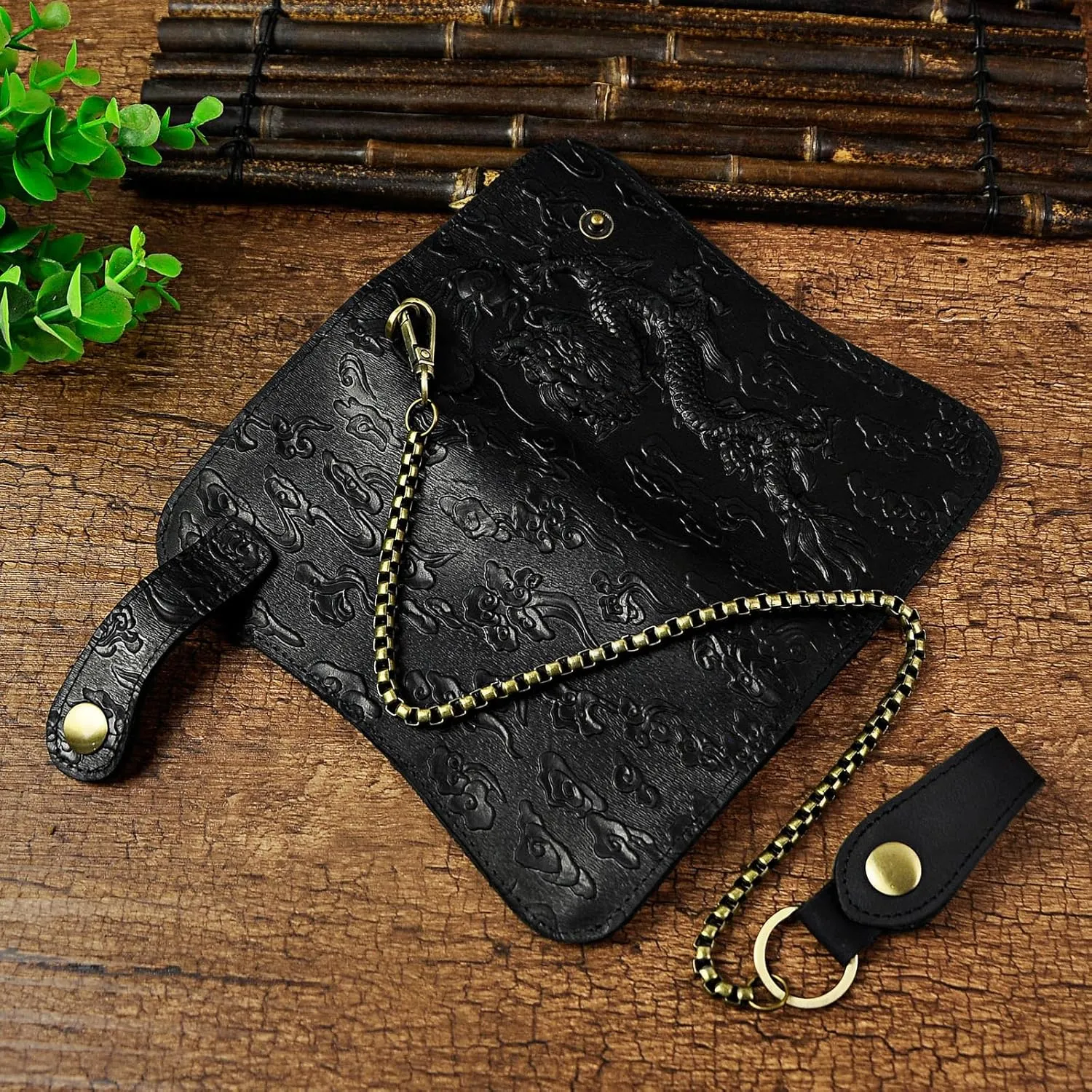 Le'aokuu Mens Genuine Leather Bifold Wallet Organizer Checkbook Iron Chain