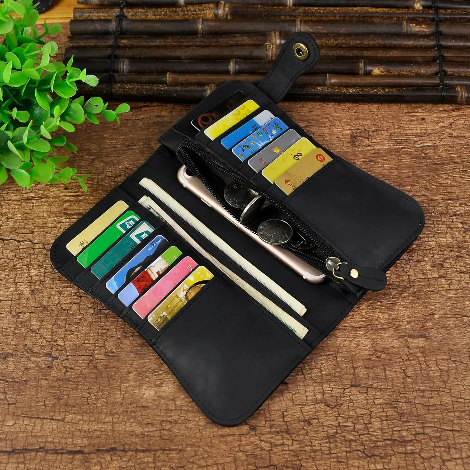 Le'aokuu Mens Genuine Leather Bifold Wallet Organizer Checkbook Iron Chain