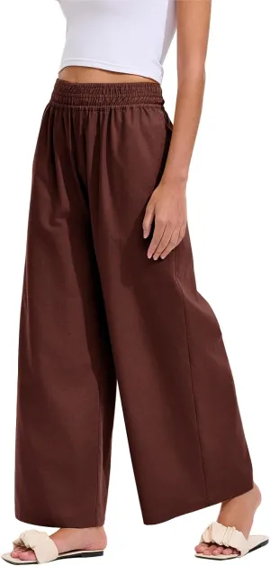 Les umes Womens Linen Wide Leg Pants Elastic Waist Cotton Loose Casual Baggy Trousers with Pockets